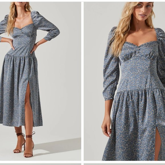 Astr Dresses & Skirts - NWT Puff Sleeve Sweetheart Neck Midi Dress in Blue Floral, Size Large